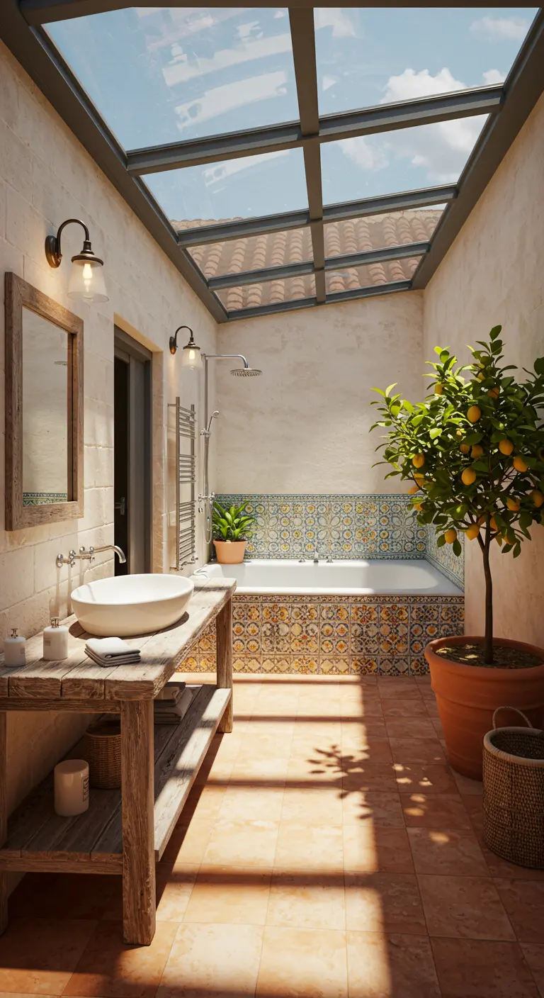Bathroom with a skylight, a tub surrounded by patterned tile, and a potted lemon tree.
