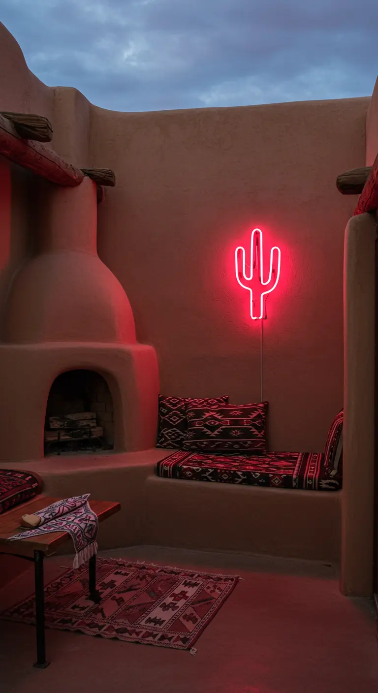 A cozy adobe patio with a kiva fireplace and a neon cactus sign on the wall.