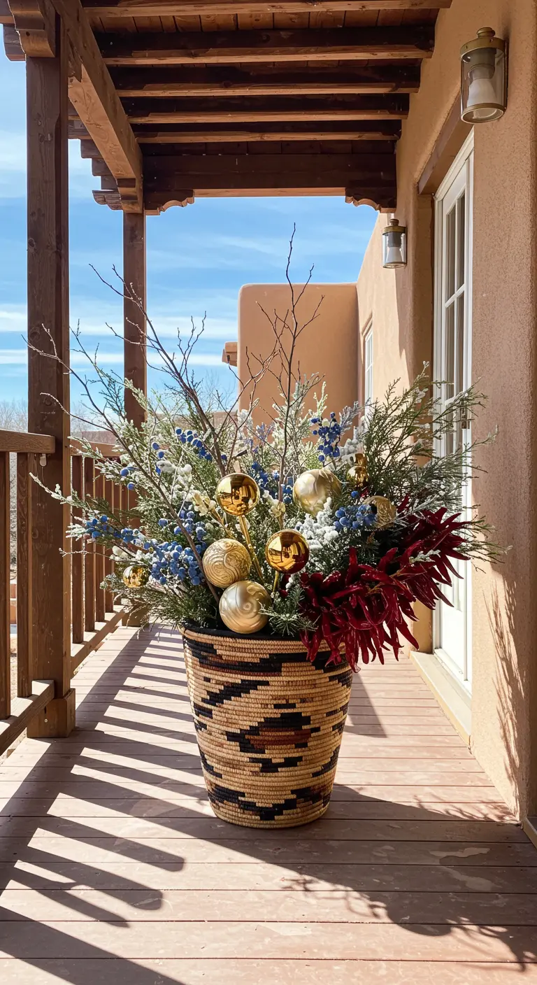 A southwestern woven basket with flocked greens, blue berries, red chili peppers, and gold baubles.
