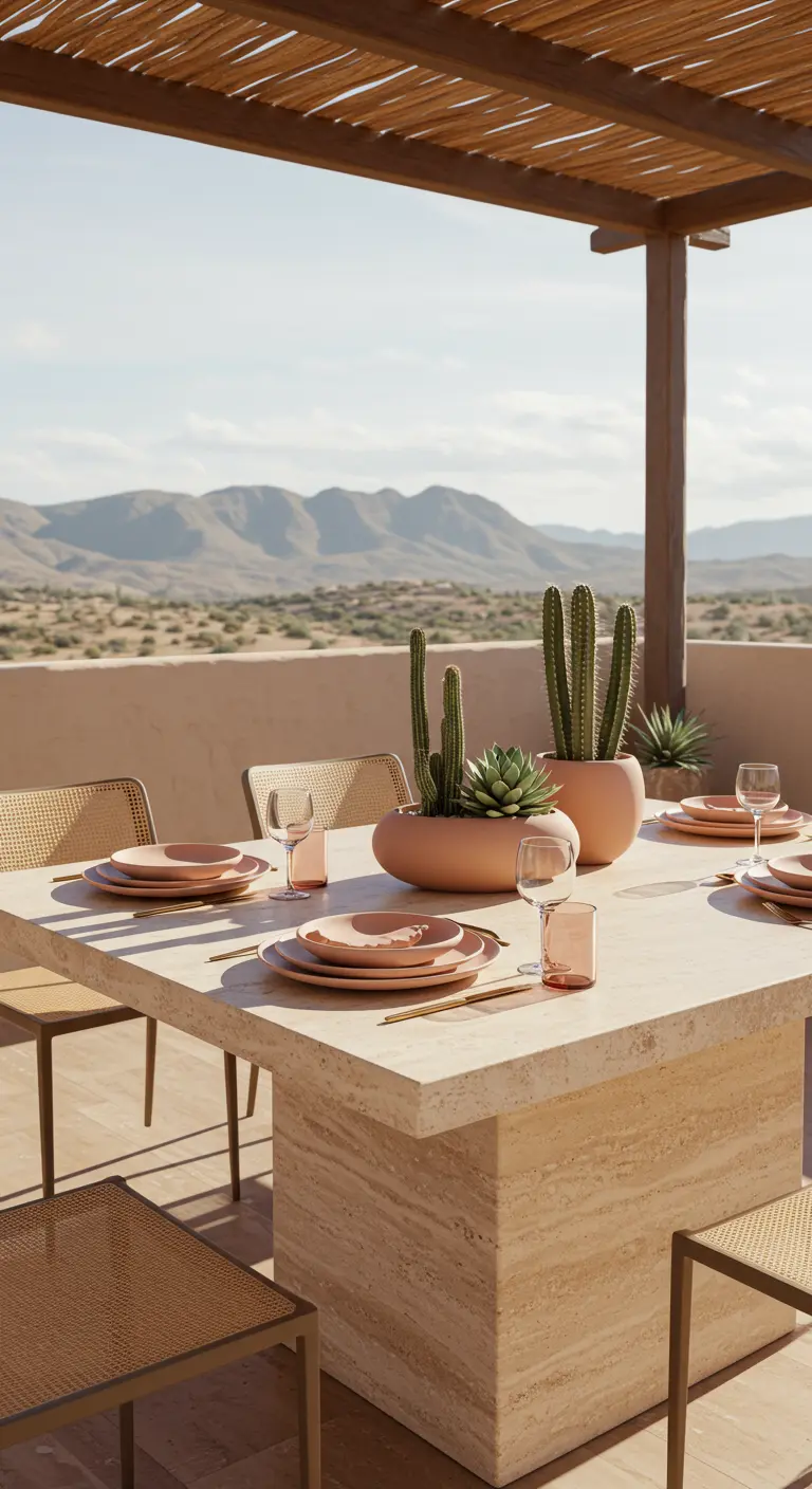 Outdoor dining table with dusty rose plates and cactus centerpieces.