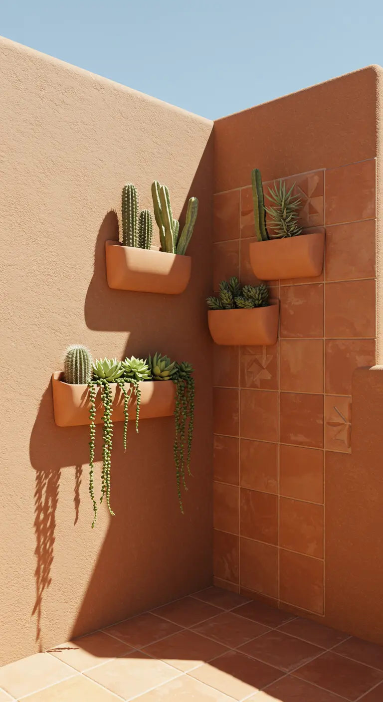 Desert-themed balcony with terracotta walls and planters filled with cacti and succulents.