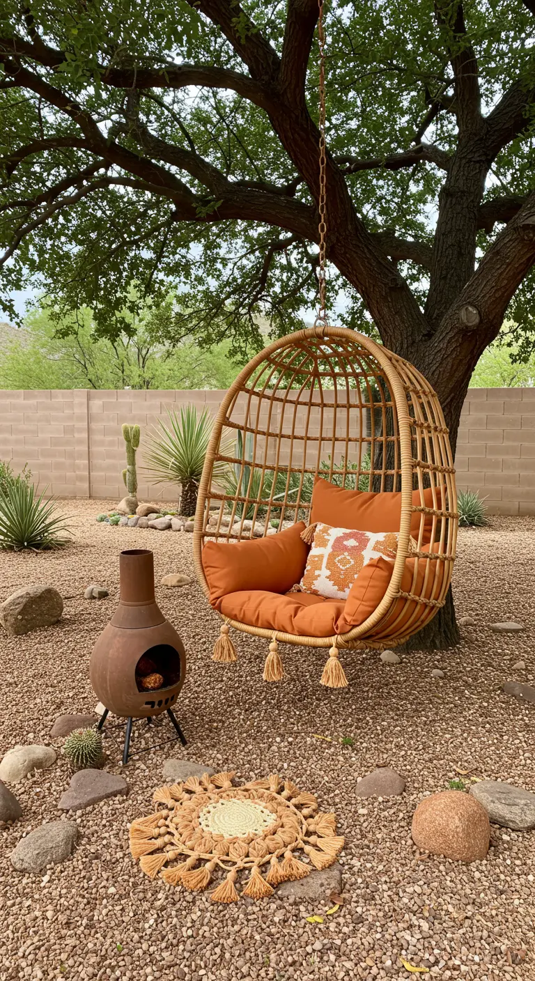 A rattan egg chair with terracotta cushions in a desert-style yard with a chiminea.