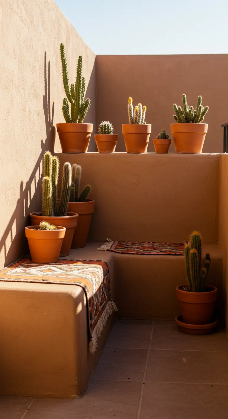 A sun-drenched terracotta patio corner with built-in seating and a collection of cacti.
