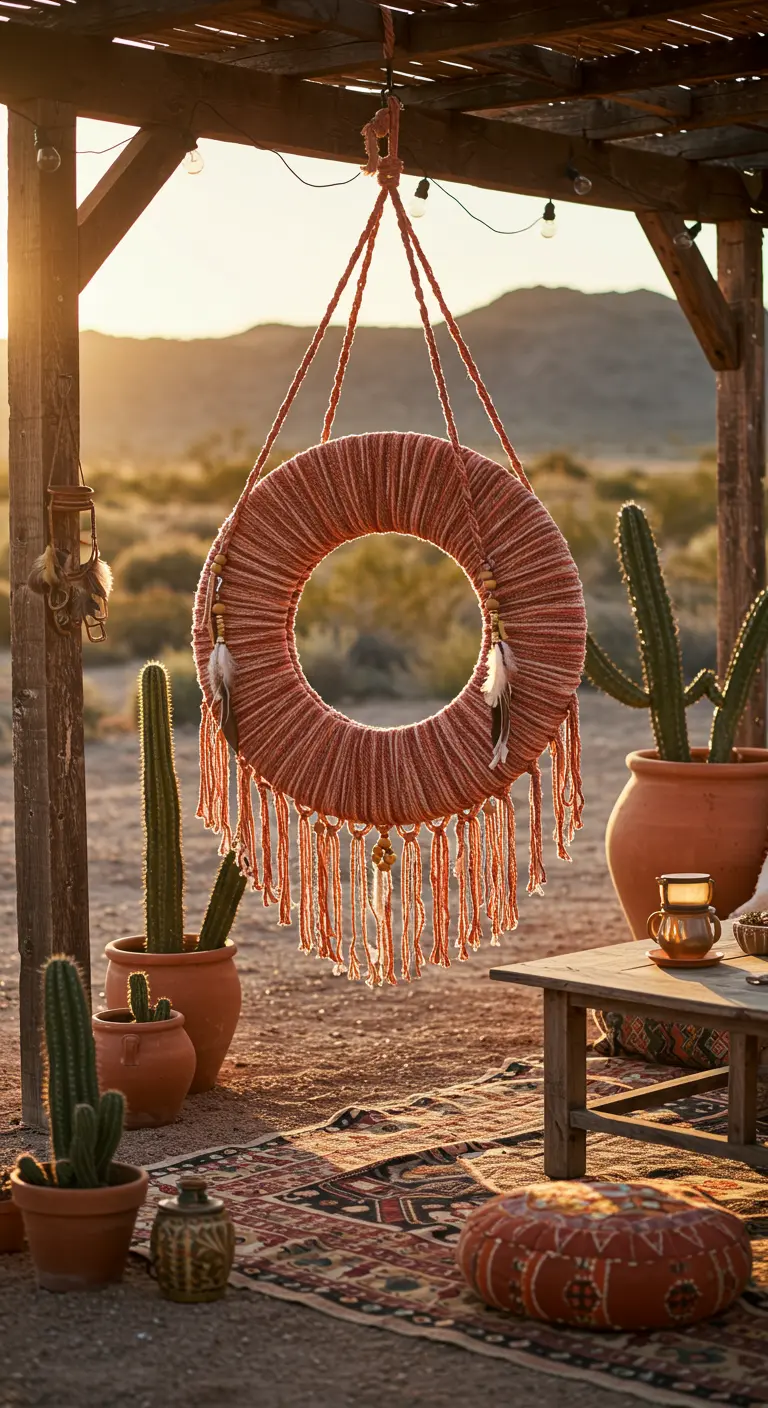 Yarn-wrapped tire swing in a desert setting with cacti.