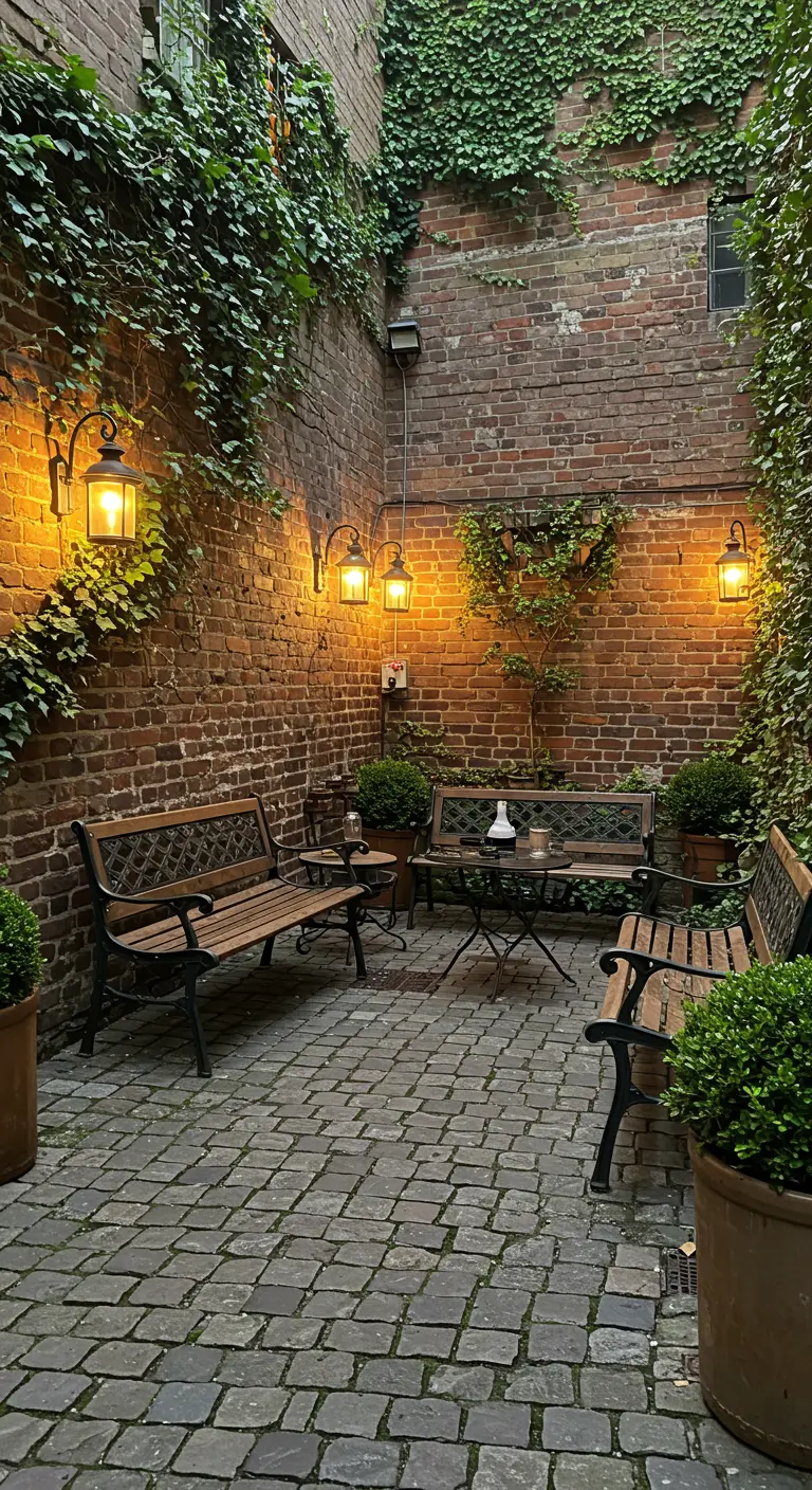 A cozy brick courtyard with multiple benches, a small table, and warm wall-mounted lanterns.