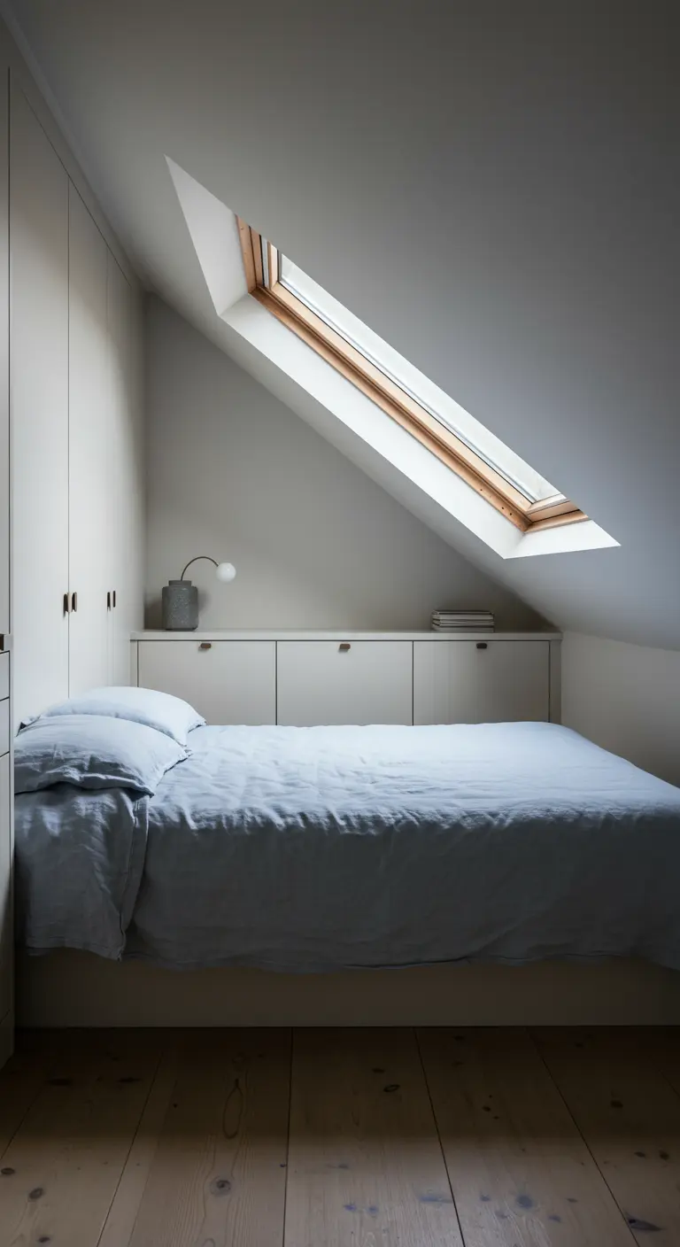 Loft bedroom with low, light-gray built-in cabinets under a skylight.
