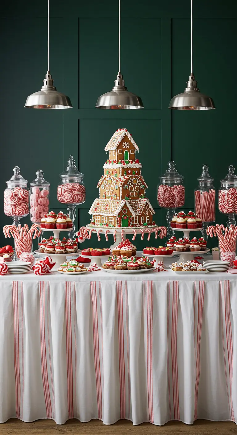 Dessert table with a large gingerbread house, candy jars, and red-and-white striped tablecloth.