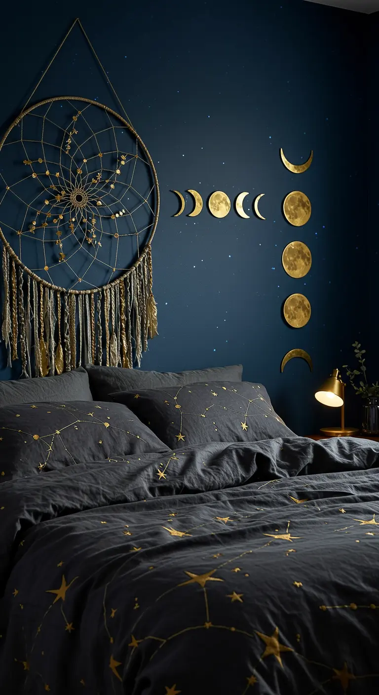 A bedroom with a dark blue wall, a large dreamcatcher, and brass moon phase decorations.