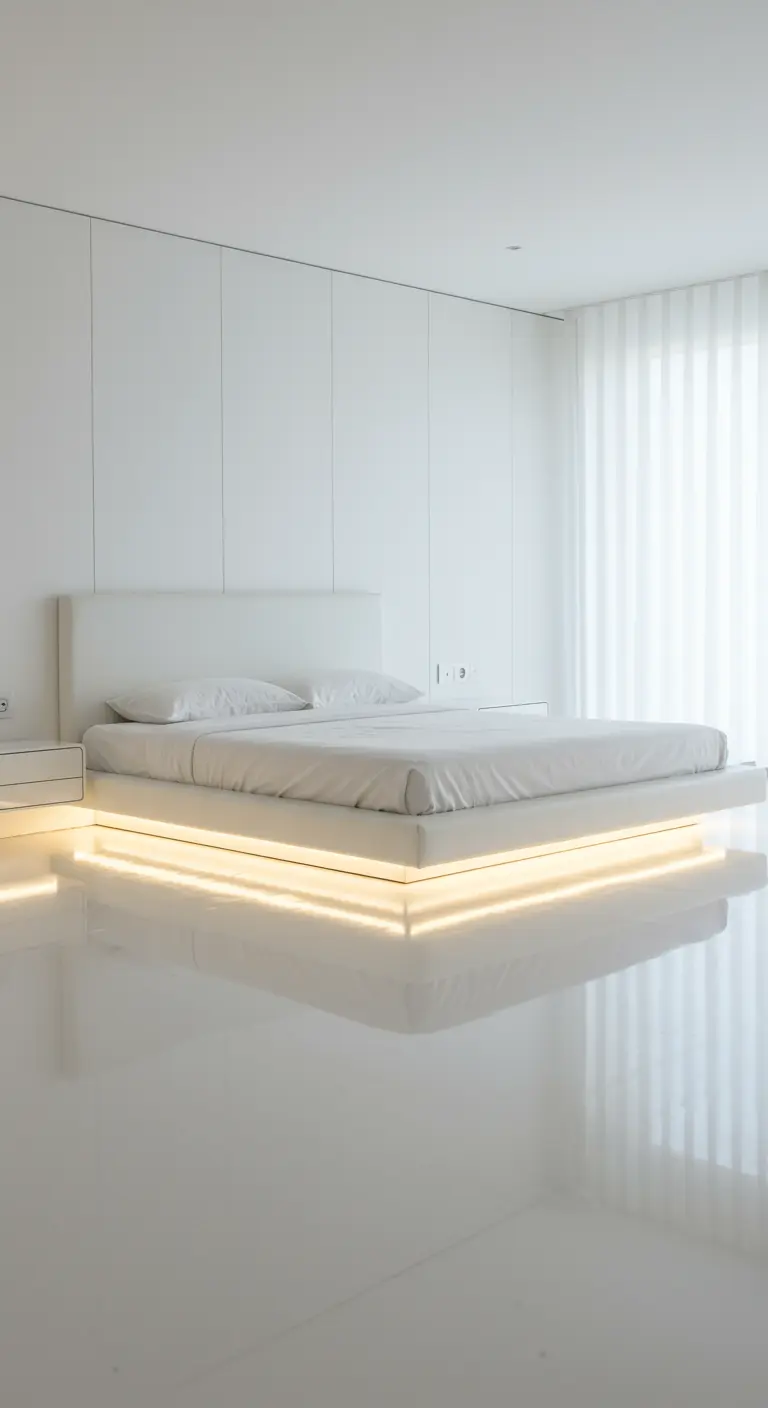 A minimalist white bedroom featuring a floating bed with warm LED lights underneath.