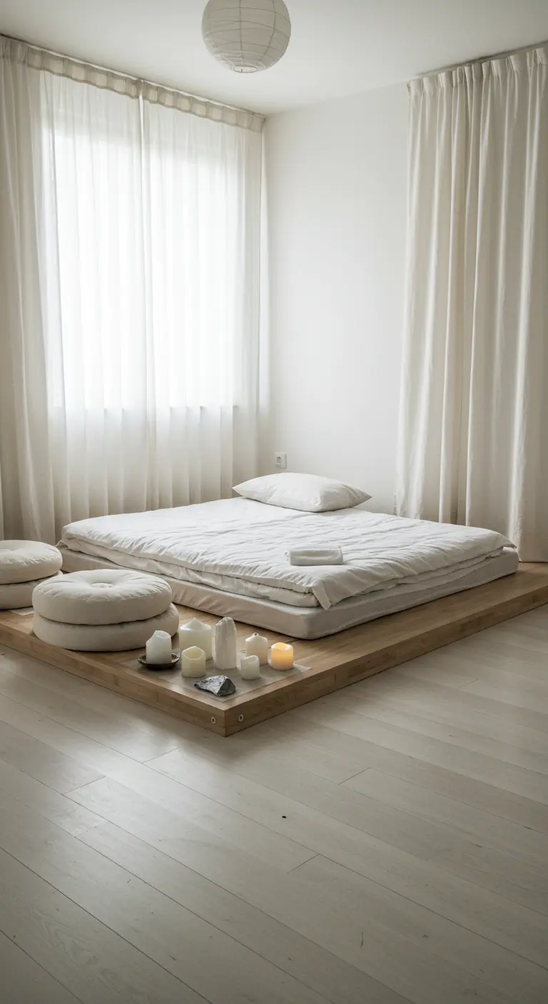 A floor-level bed on a wide wooden platform with floor cushions and candles.