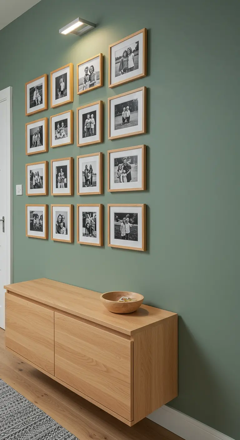 Hallway with a sage green wall, a floating wood credenza, and a grid of family photos.