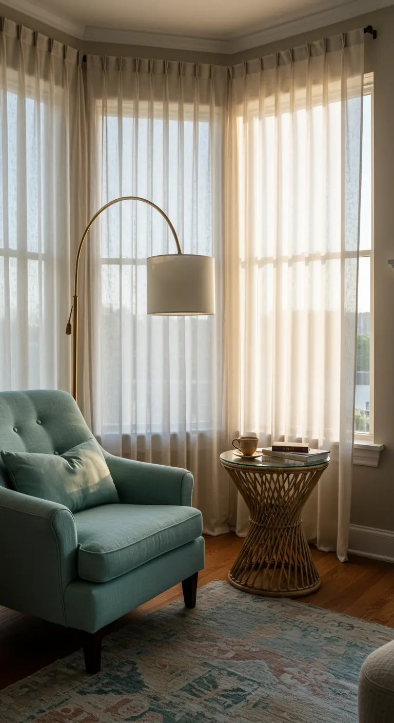 A cozy reading corner with a seafoam green armchair and a brass floor lamp.