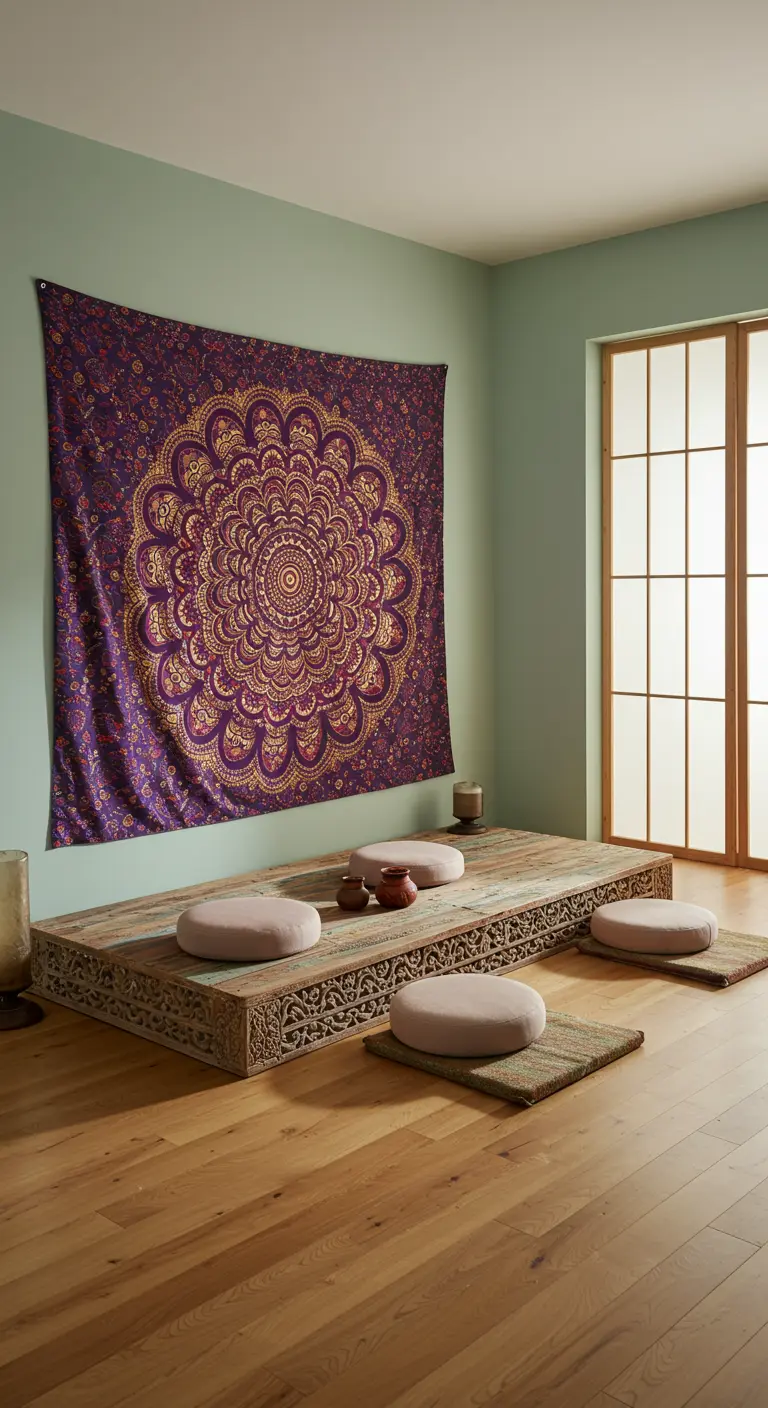 Meditation room with a low carved platform, floor cushions, and a large mandala tapestry.