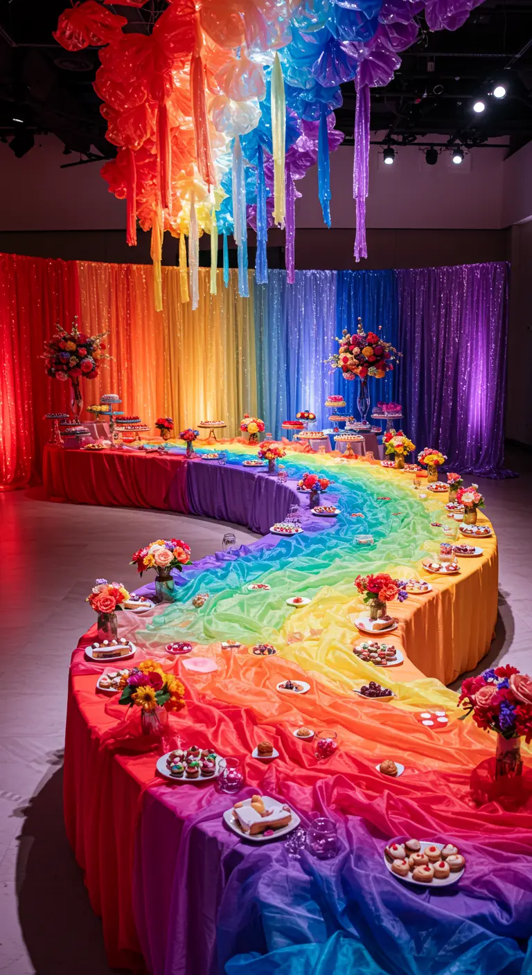 A long, winding dessert table decorated with a full rainbow of tablecloths.
