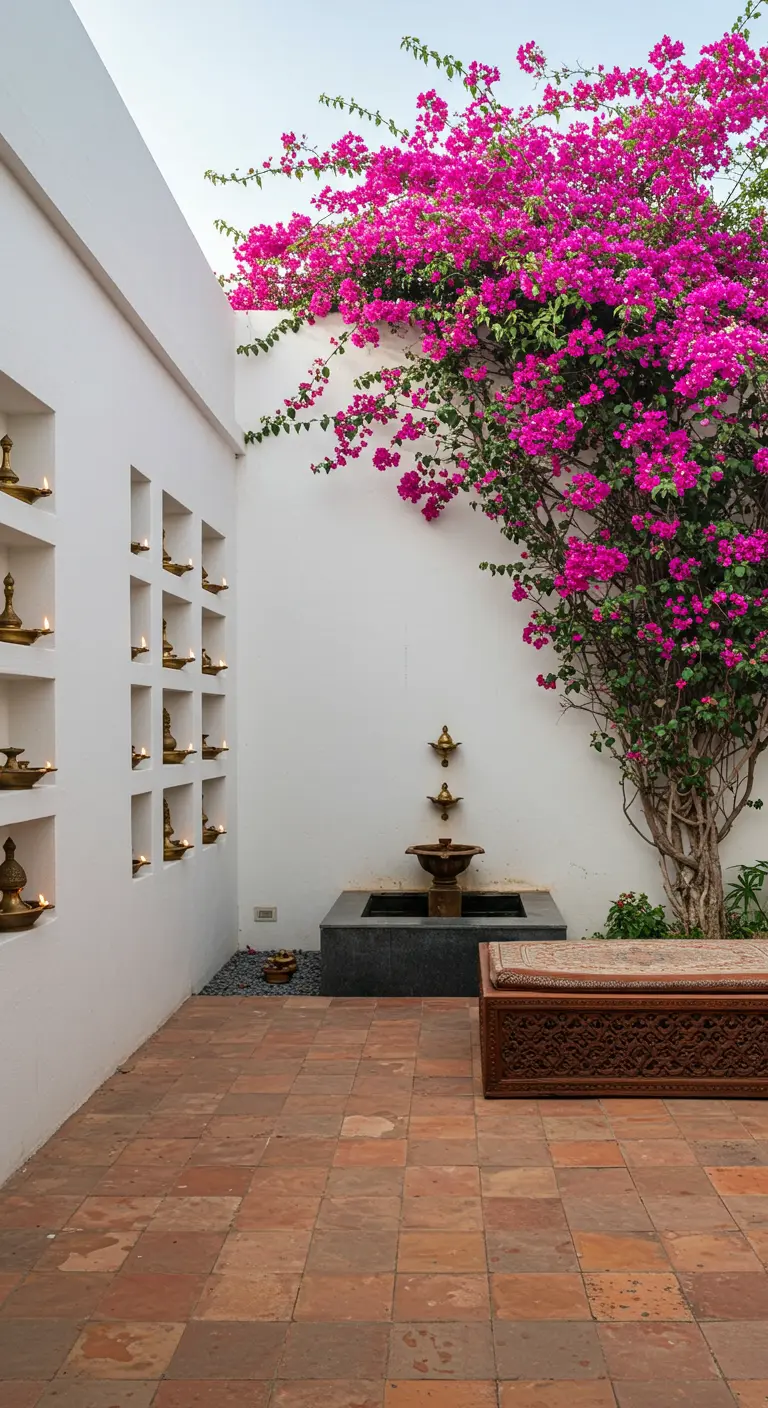 Outdoor courtyard with a white wall featuring many small niches holding lit oil lamps.
