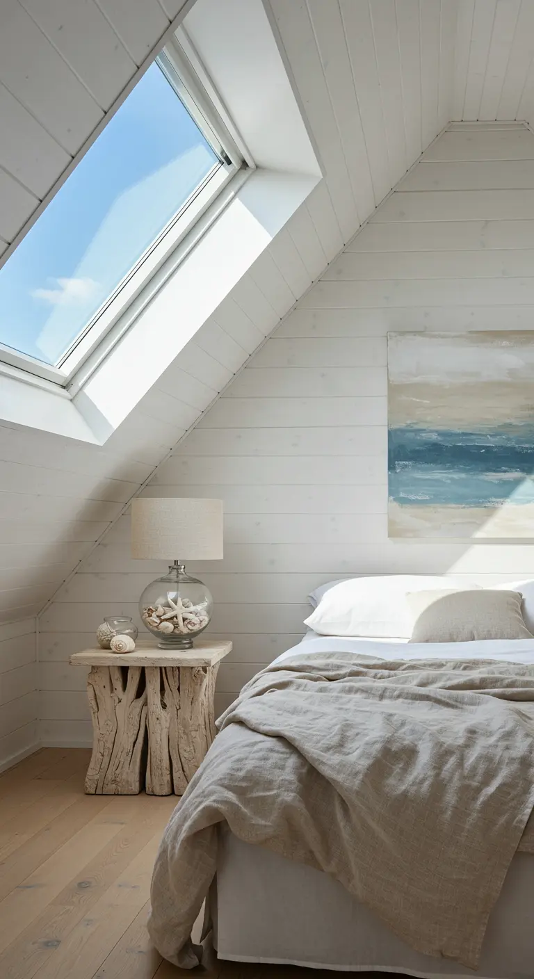 Coastal loft bedroom with white shiplap walls and a driftwood side table.