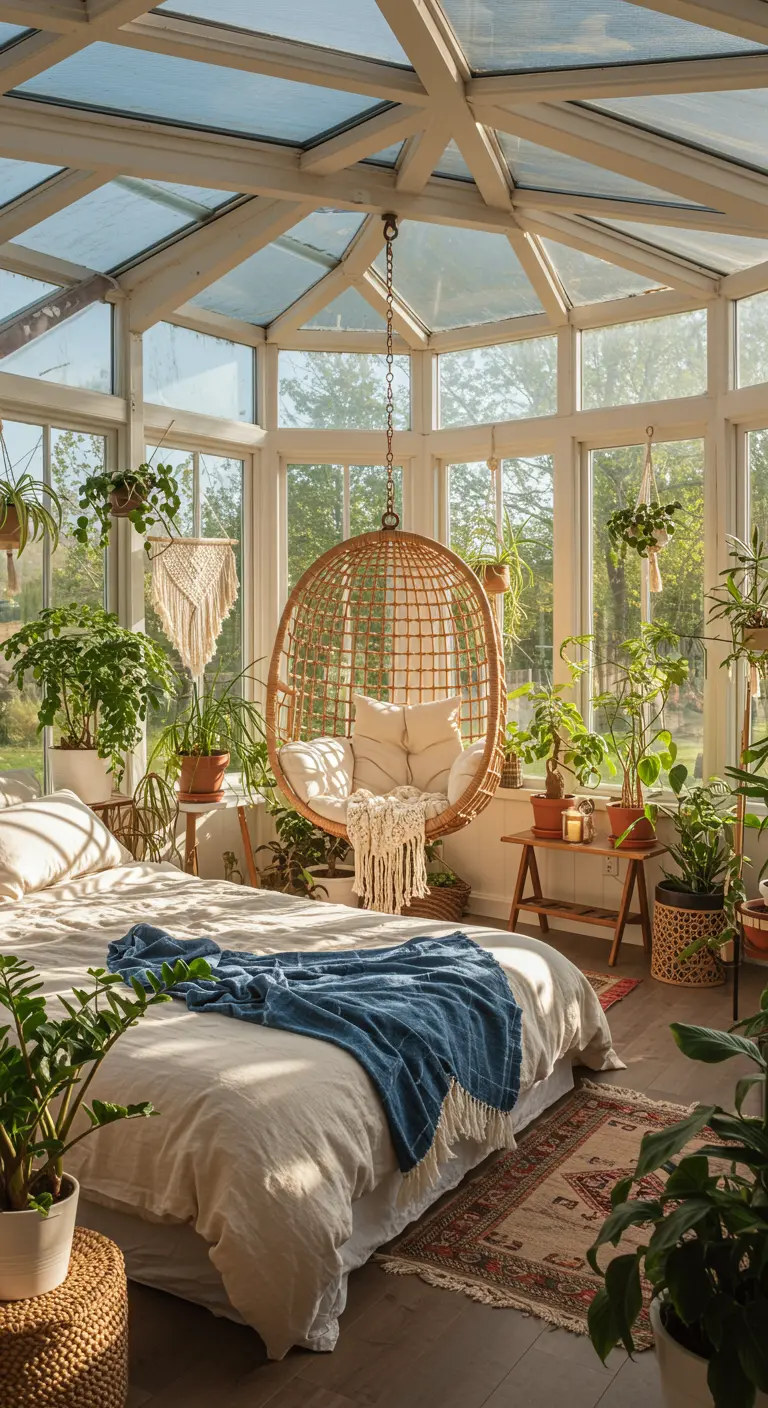 A sunroom bedroom filled with plants and a hanging rattan chair.