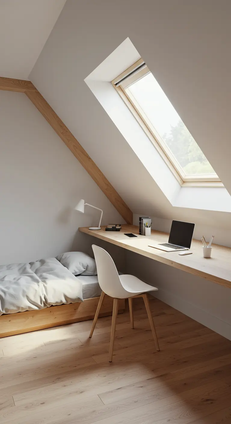 A slim, built-in wooden desk under a skylight in a loft bedroom.