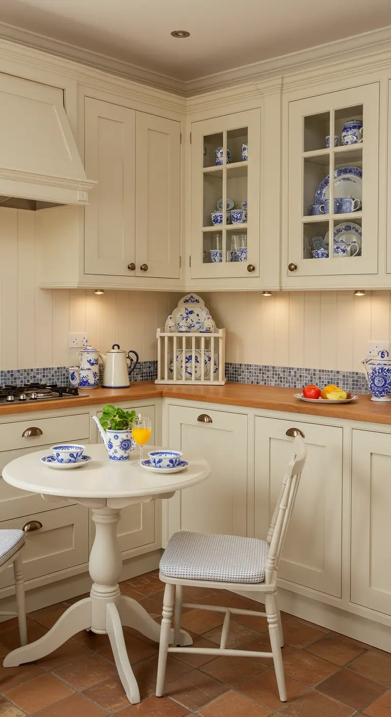 Buttermilk kitchen with a small white pedestal table and chairs for a breakfast nook.