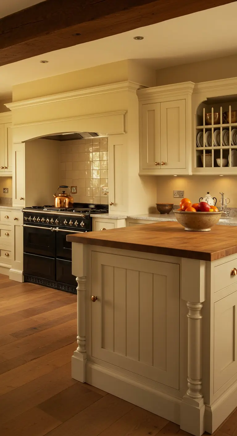 Buttermilk kitchen featuring a large island with decorative turned legs and a wood top.