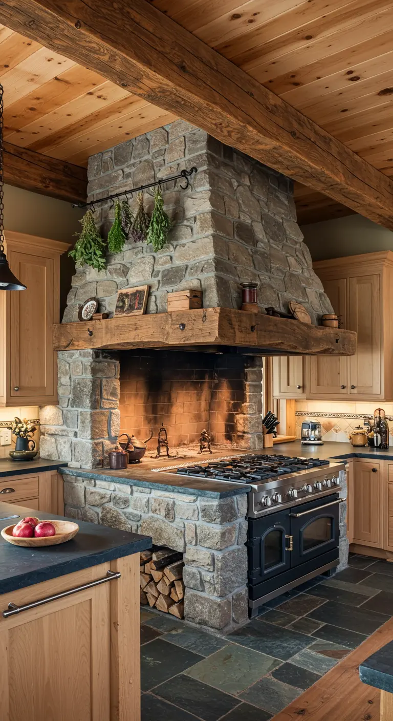 Rustic kitchen with a massive stone fireplace hearth for the range.