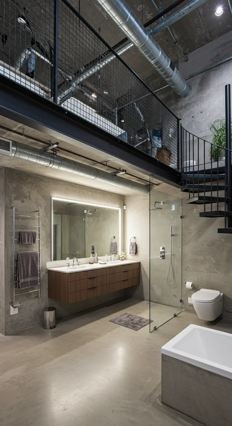 Loft bathroom located under a mezzanine with a black spiral staircase.