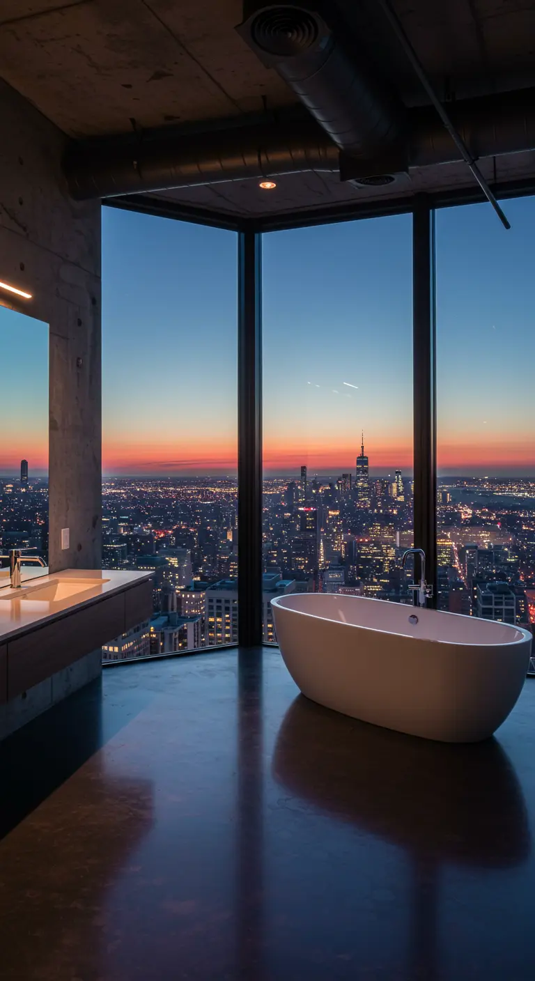 Bathtub in a corner with floor-to-ceiling windows and a city sunset view.