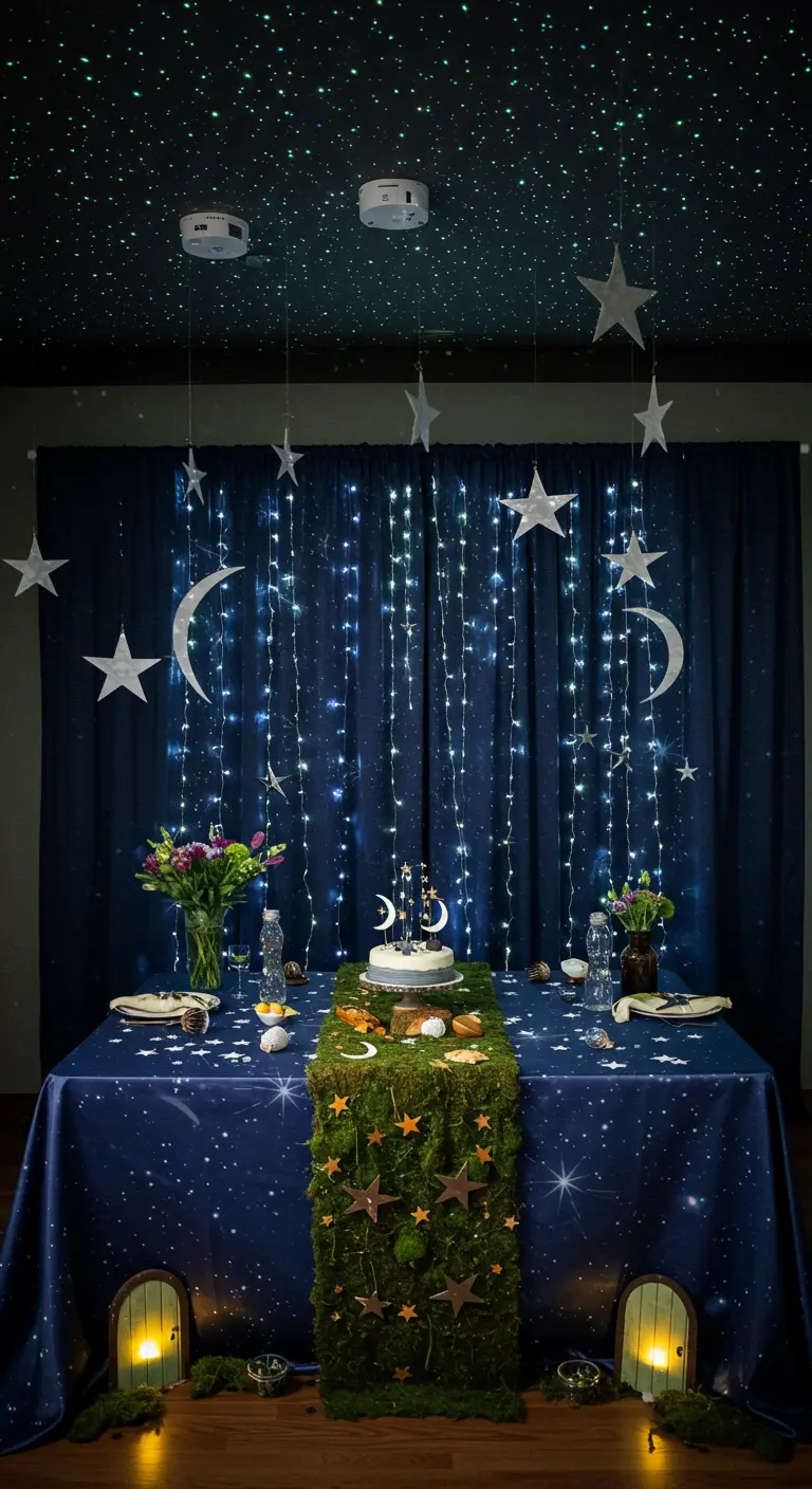 A celestial-themed party table with a starry night backdrop, hanging moons, and a moss runner.
