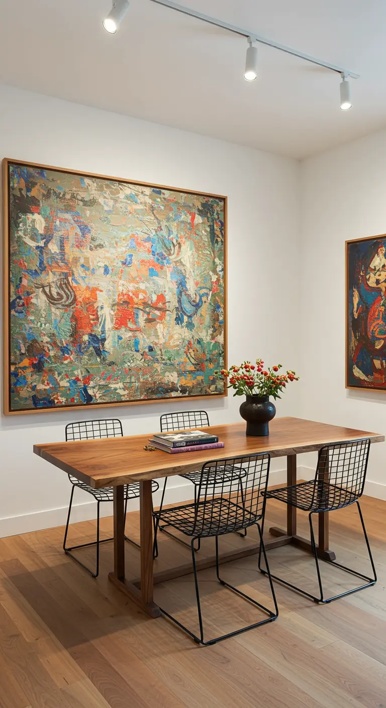 Minimalist dining area with a large, colorful abstract painting on the wall.