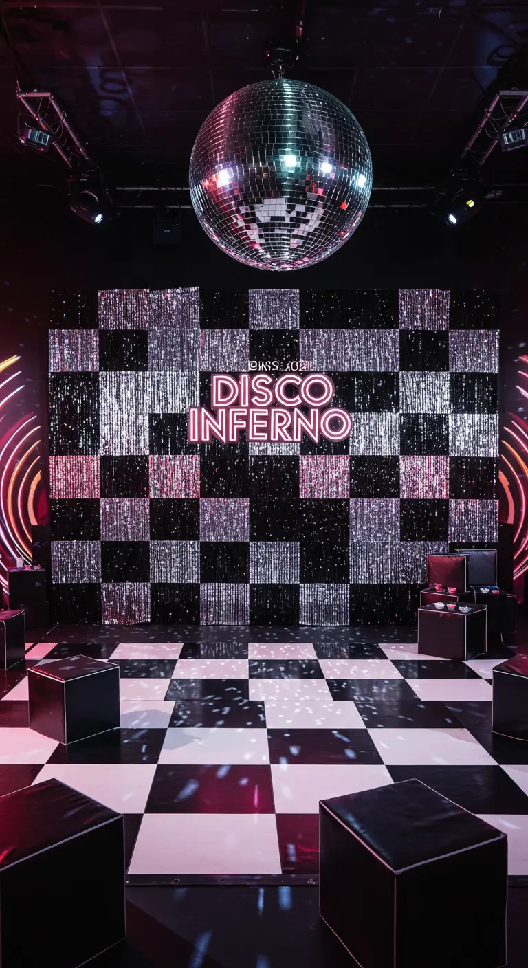 A checkerboard backdrop of black and silver shimmer panels with a 'Disco Inferno' neon sign.