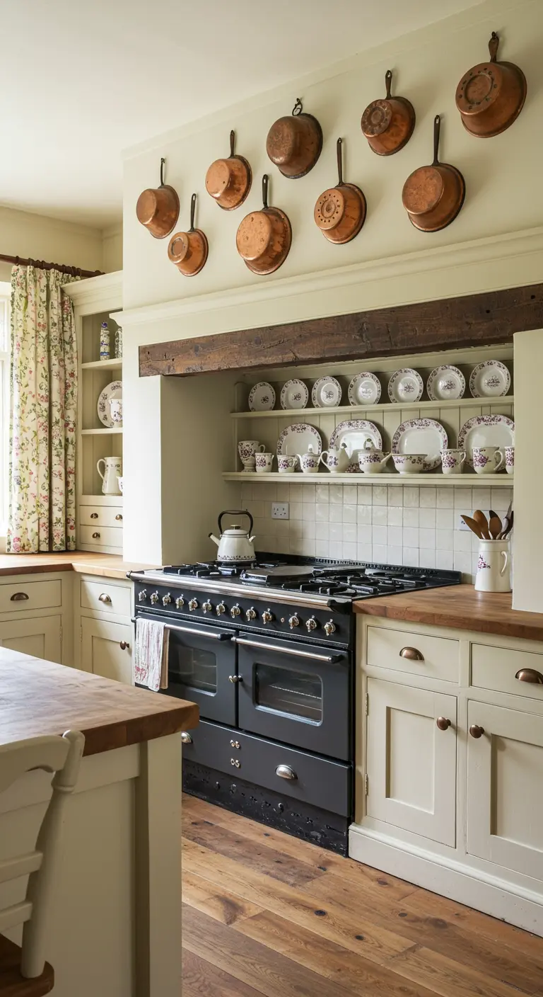 A collection of copper pots and pans hanging on the wall above a range cooker.