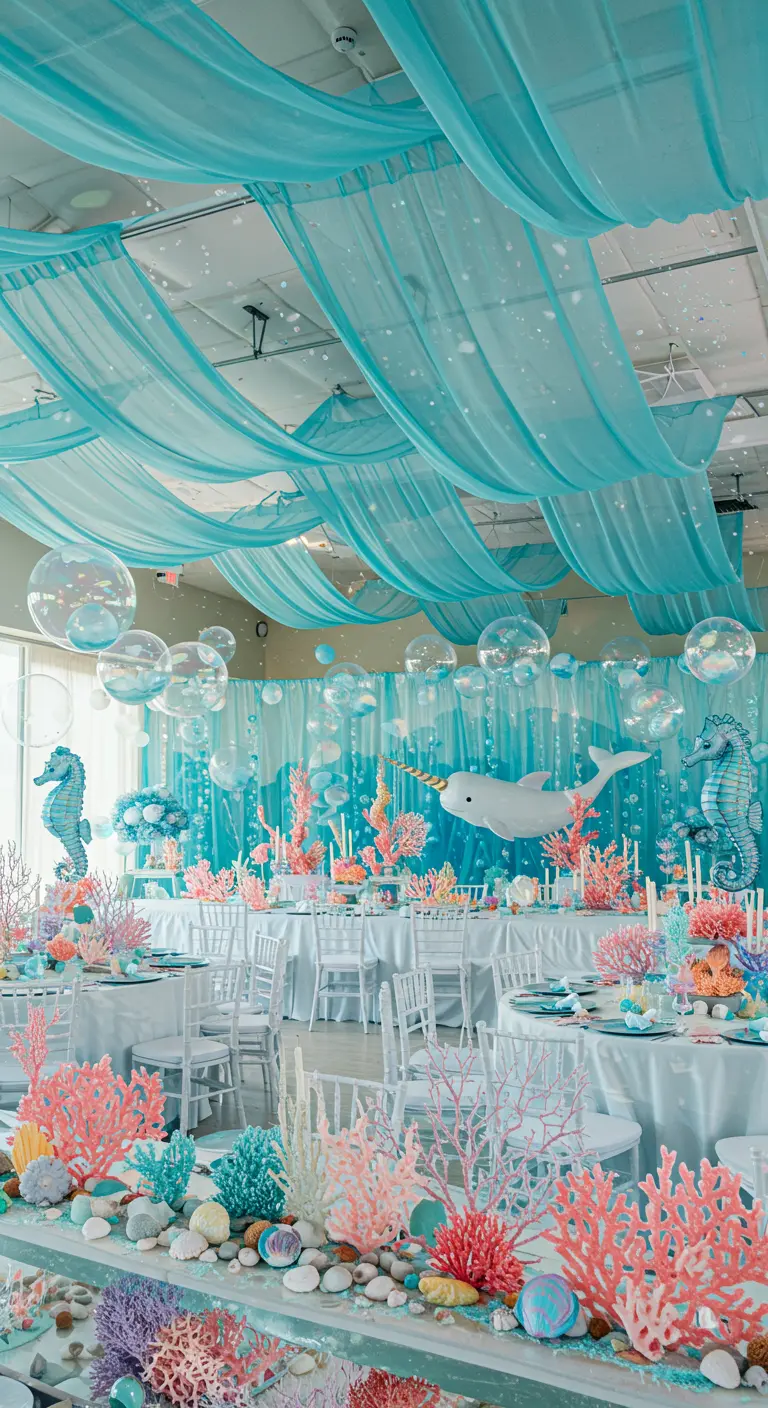 Under-the-sea party with a narwhal, teal drapes, and bubble balloons.