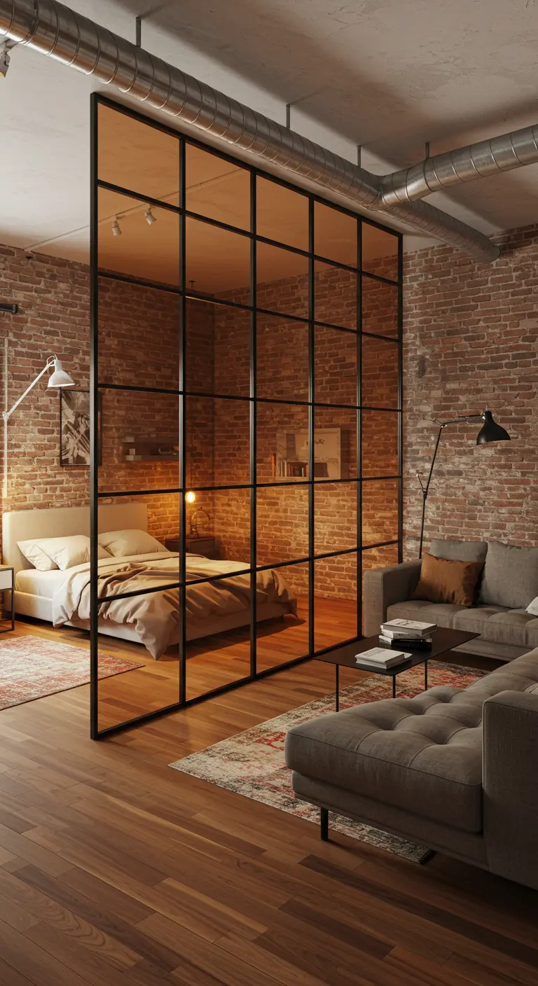 Loft apartment with a tinted glass wall dividing bedroom and living.