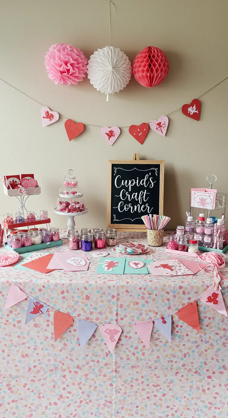 A Valentine's Day craft table with supplies, treats, and a chalkboard sign.