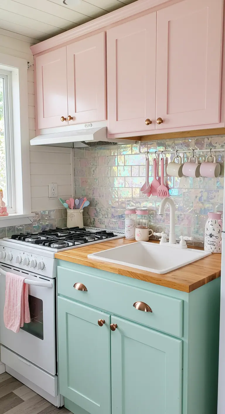 A pastel kitchen with mint green lower cabinets, pink uppers, and an iridescent backsplash.