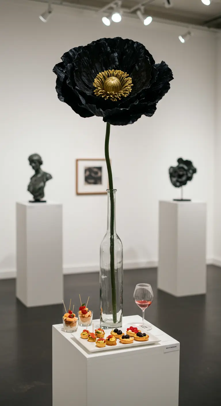 A single oversized black paper poppy with a gold center standing in a tall clear bottle.