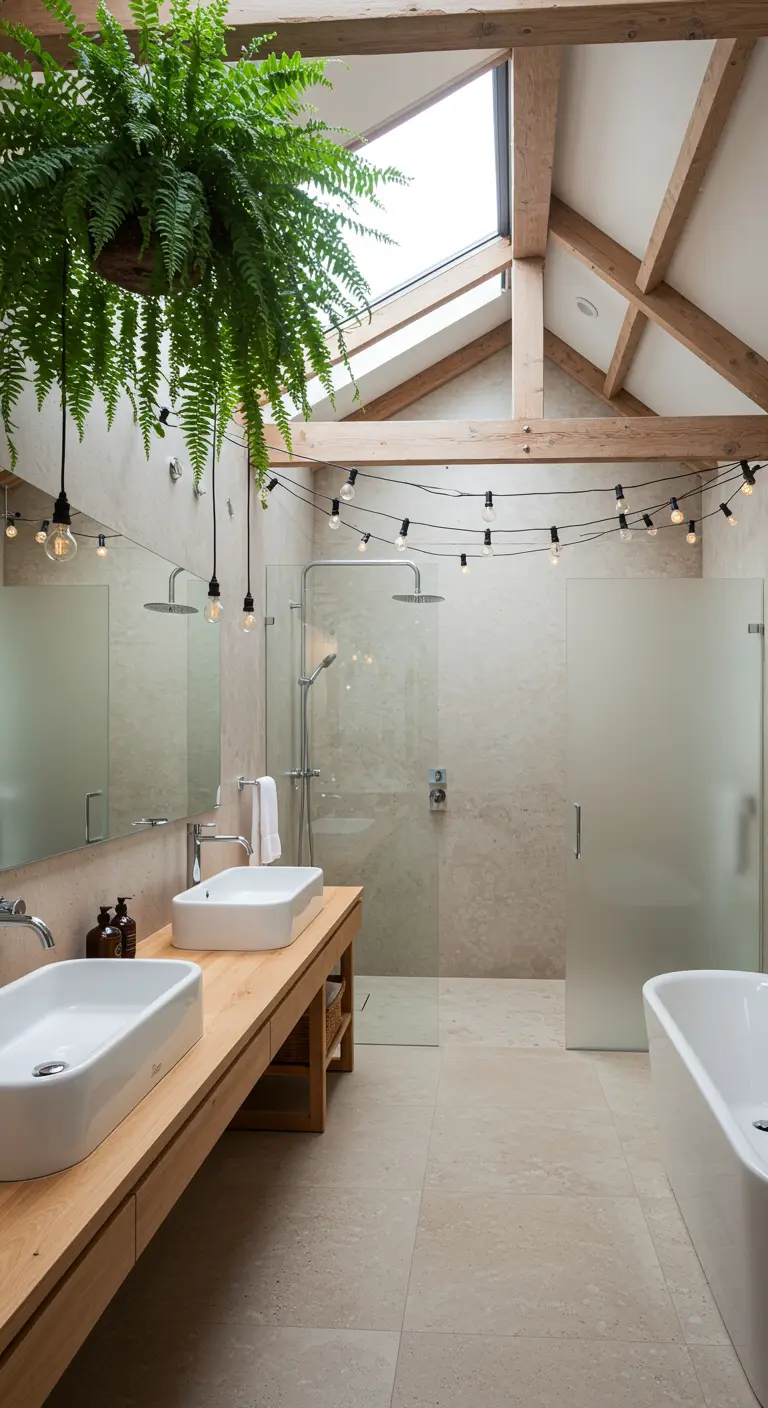 Bathroom with vaulted wood ceilings, a large hanging fern, and string lights.