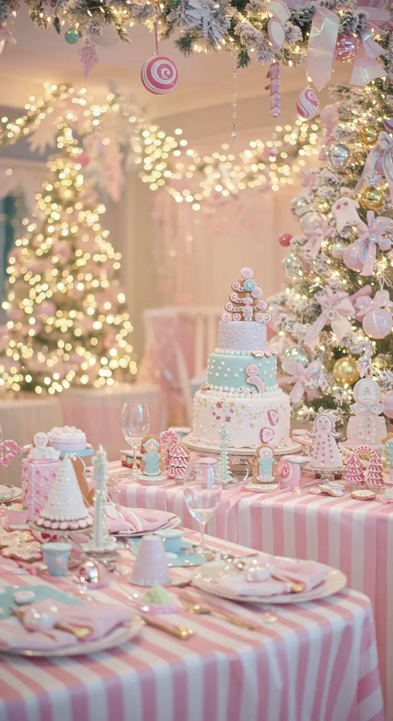 Whimsical Christmas table with pink striped tablecloth and pastel candy decorations.