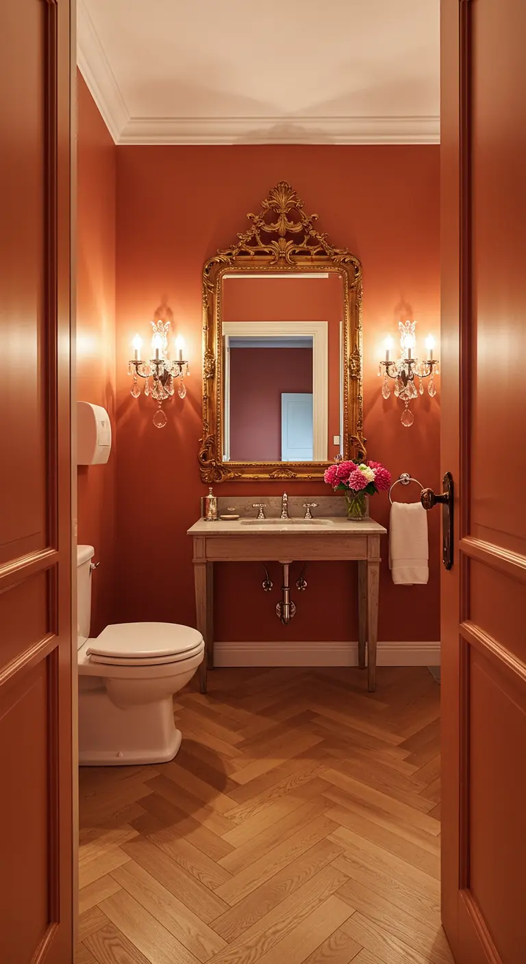 Powder room painted a warm terracotta color with a classic gold mirror and console sink.
