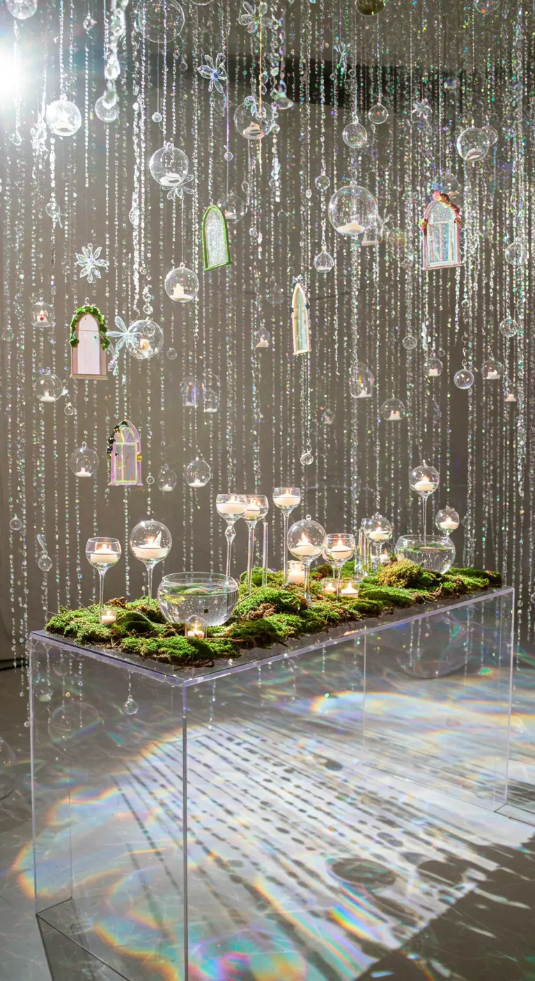 A modern fairy party with a hanging crystal curtain backdrop and a clear acrylic table.