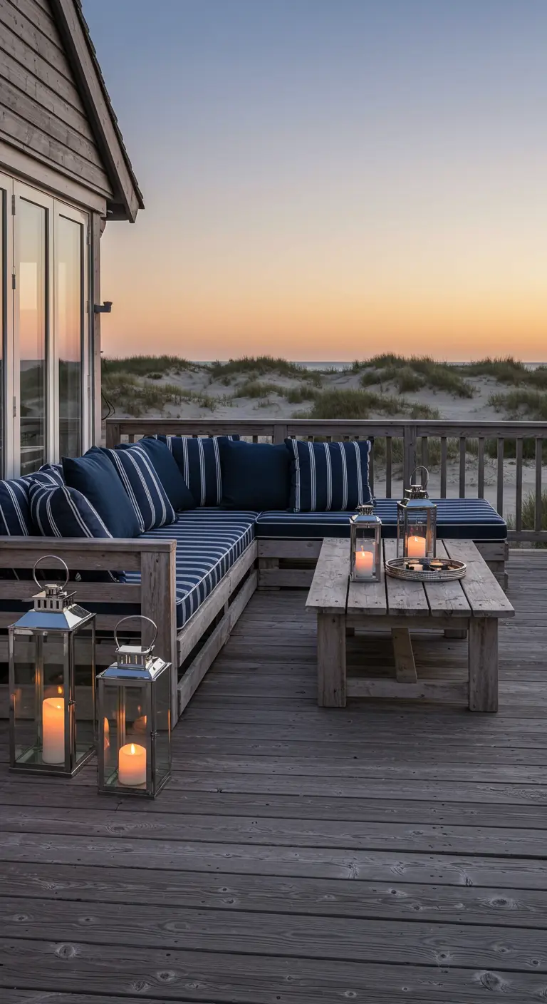 Coastal deck with navy striped cushions and silver lanterns overlooking sand dunes.