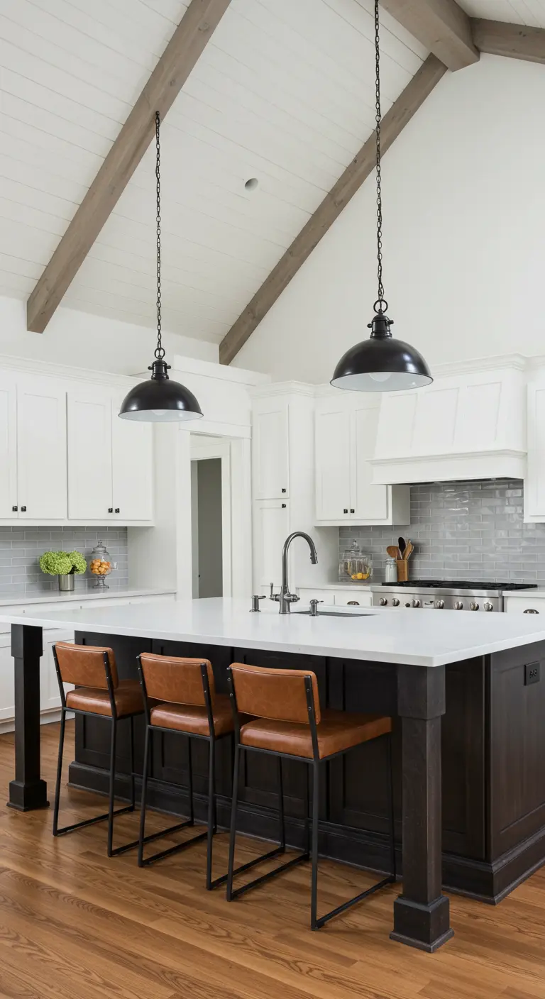 Kitchen with vaulted ceiling and wood beams, a dark island, and white cabinets.