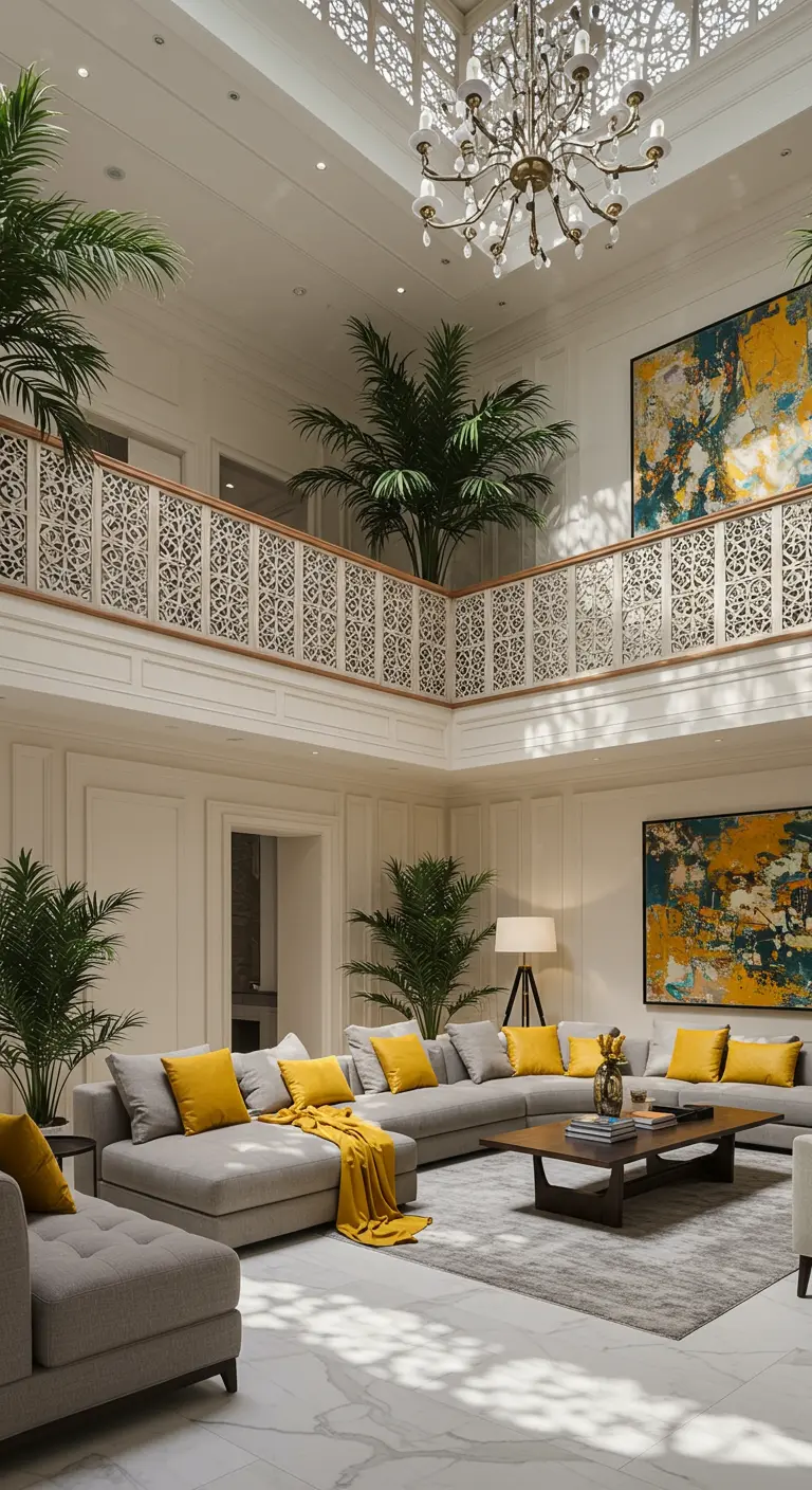 Expansive living room with a mezzanine featuring intricately carved white railings.