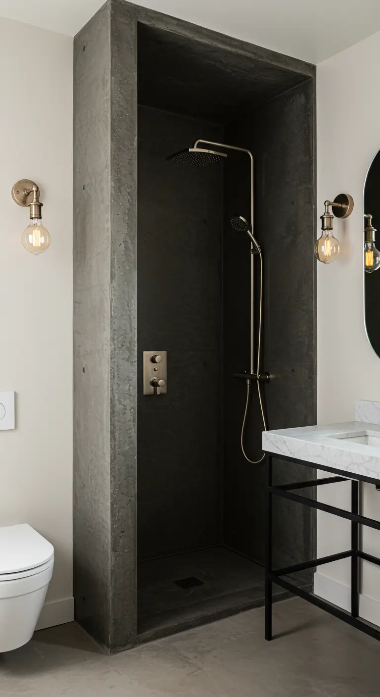 Dark concrete walk-in shower contrasted with polished brass fixtures.