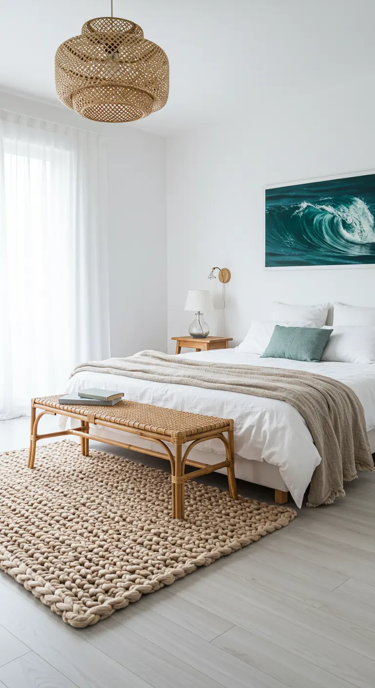 Minimalist bedroom with a large, chunky-knit woven rug and a rattan bench.
