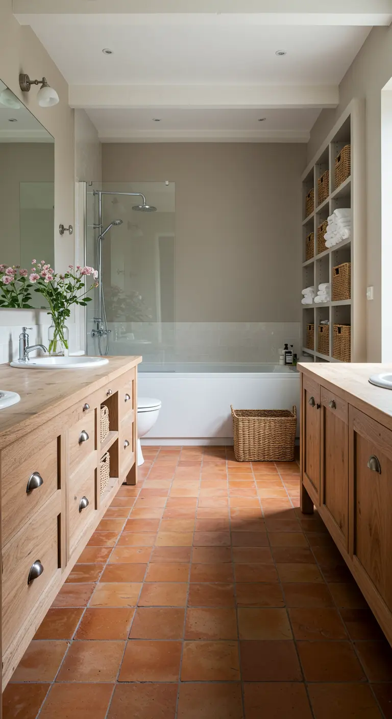 Symmetrical bathroom with two wood vanities and a tall built-in shelving unit filled with baskets.