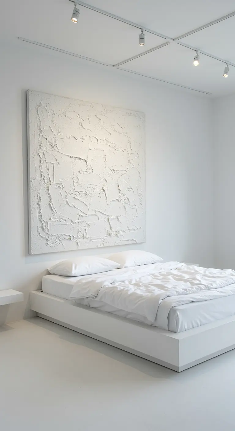 A minimalist white bedroom with a large, textured white plaster artwork above the bed.