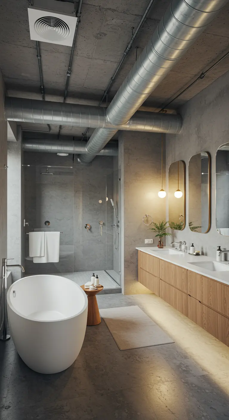 Long industrial bathroom with a floating wood vanity and freestanding tub.