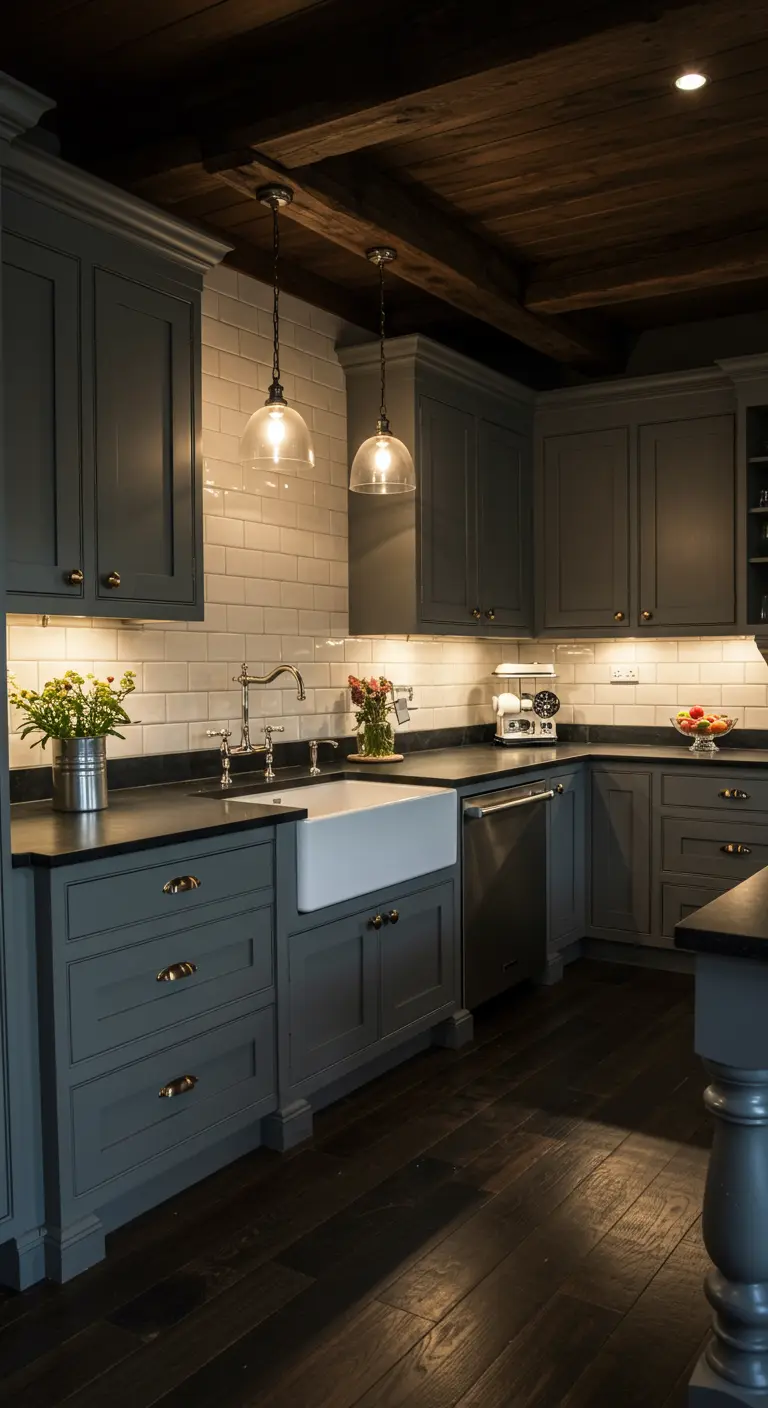 Dark gray rustic kitchen with a wood ceiling and white subway tile.