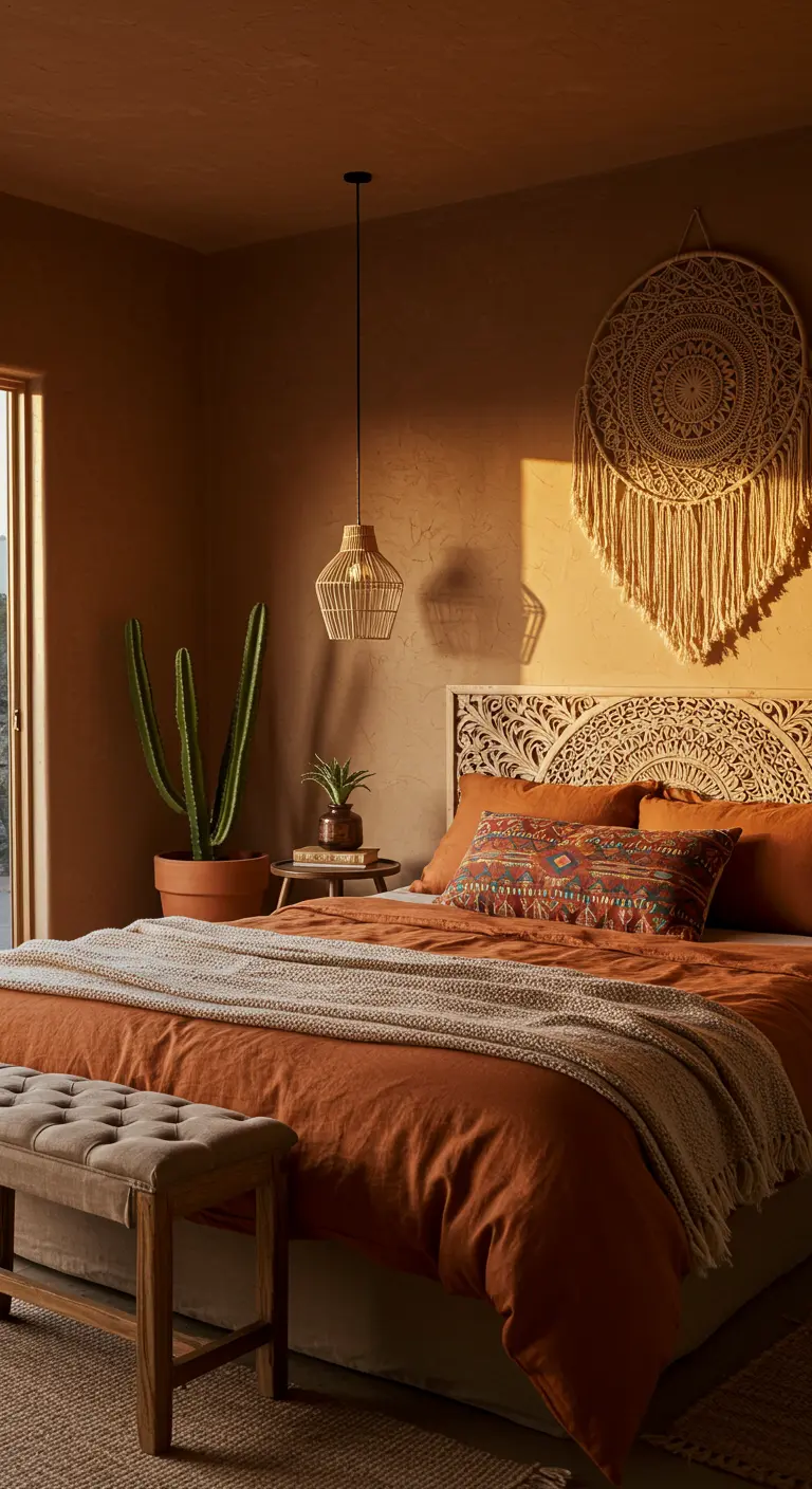 A bedroom saturated in terracotta tones with a round macramé mandala above the bed.
